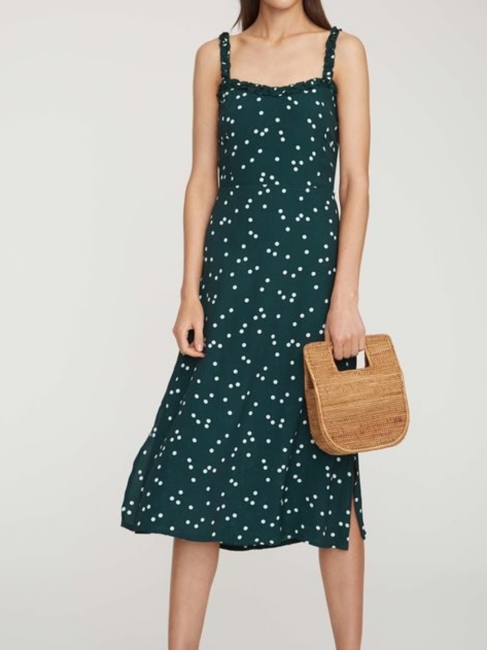 Faithfull the Brand Wrap-knot Detail Green & White Polka Dot Midi Dress Like New